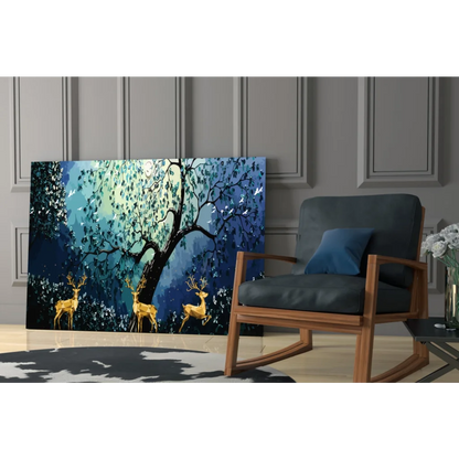 Mystical golden deer forest canvas wall art print with vibrant tree