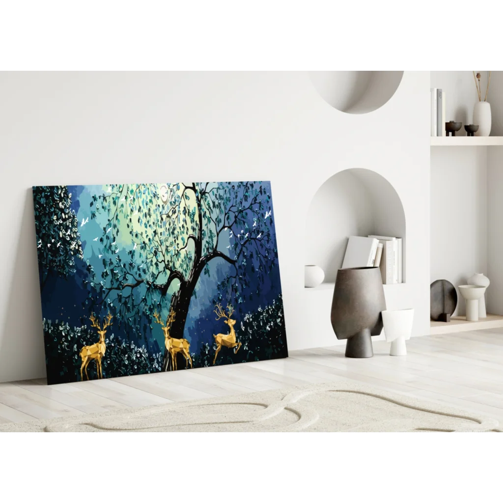 Mystical Golden Deer Forest Canvas Wall Art Print | Modern Wall Art Decor | vintageantiquesgifts.com
