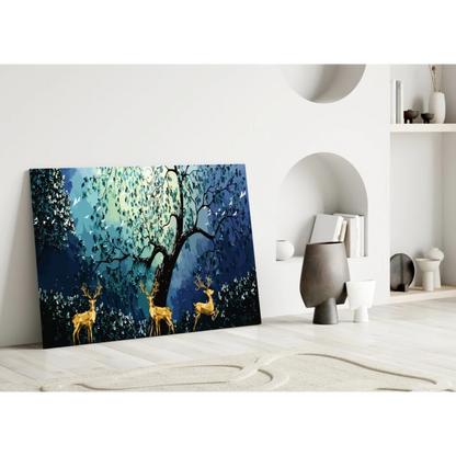 Mystical Golden Deer Forest Canvas Wall Art Print | Modern Wall Art Decor | vintageantiquesgifts.com