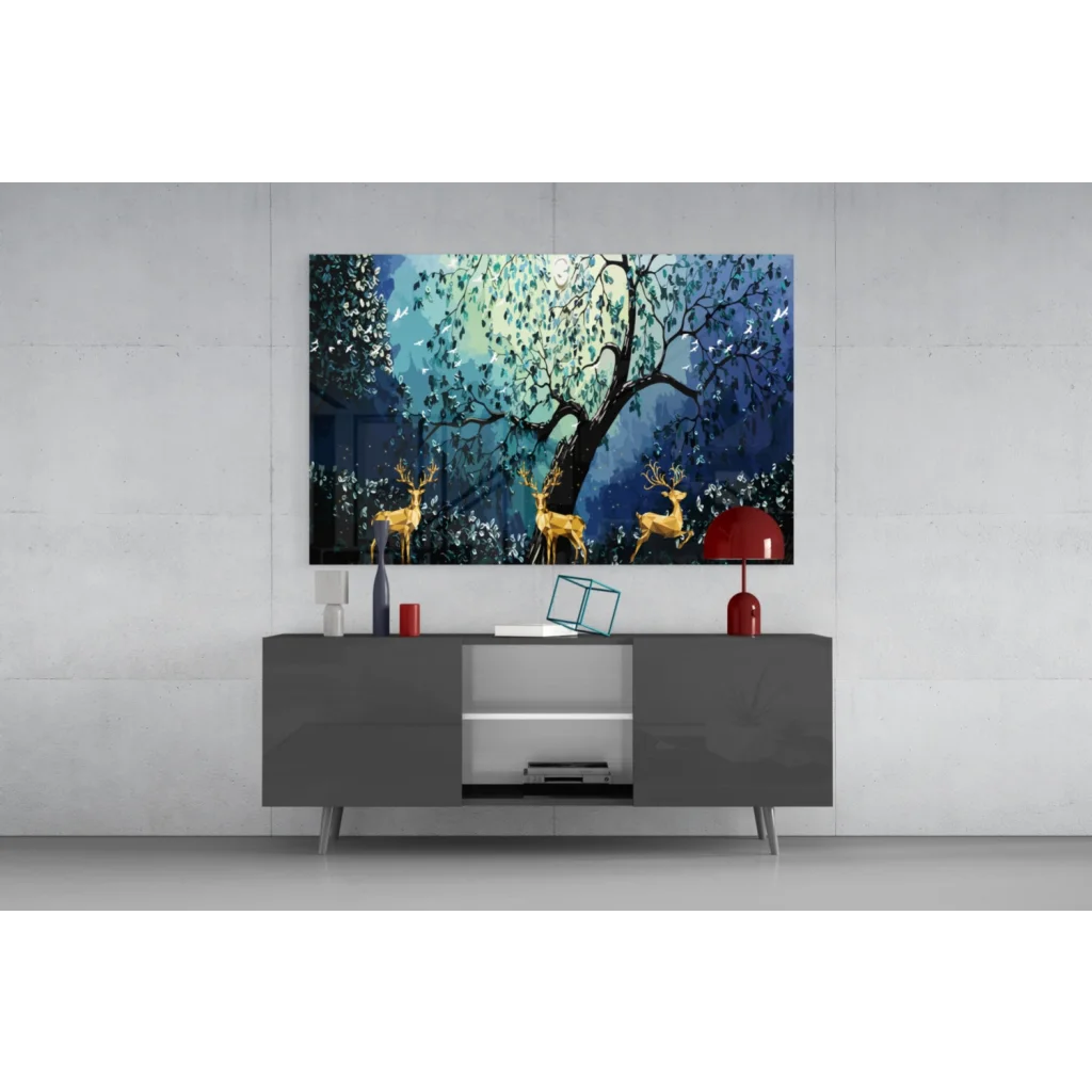 Golden deer forest wall art above modern gray console table
