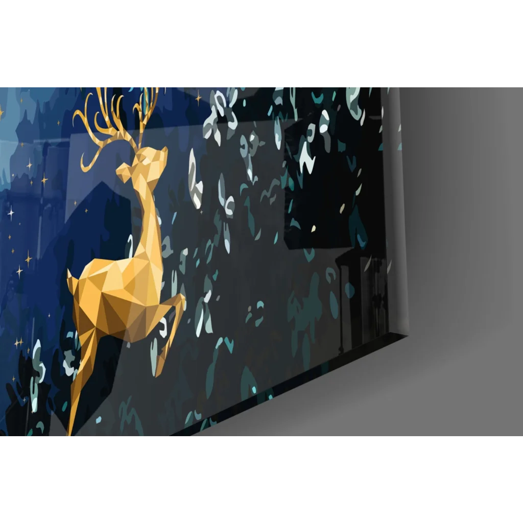 Mystical golden deer forest glass wall art with faceted design on teal background