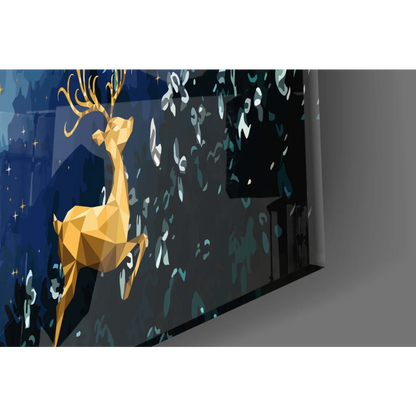 Mystical golden deer forest glass wall art with faceted design on teal background