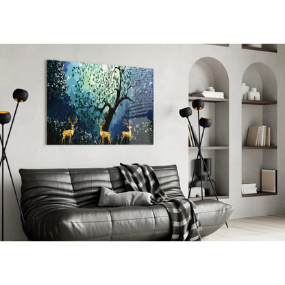 Mystical Golden Deer Forest Canvas Wall Art Print | Contemporary Home Wall Art | vintageantiquesgifts.com