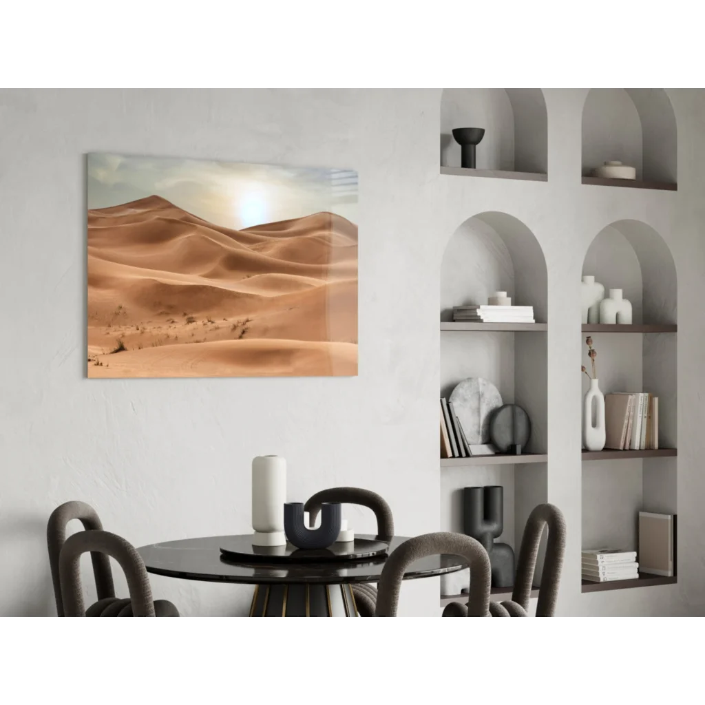 Golden Desert Dunes glass wall art canvas print of sunlit sand dunes