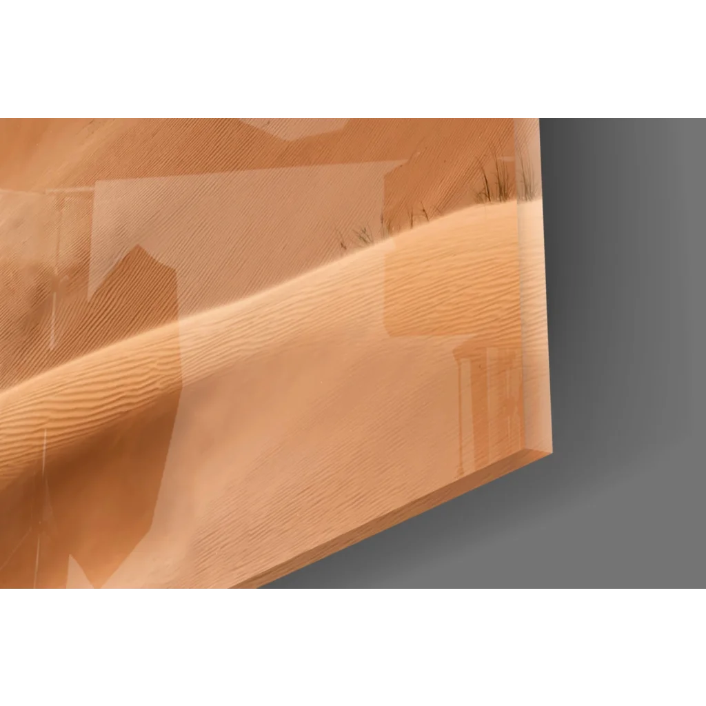 Sleek amber glass wall art with wood grain texture, Golden Desert Dunes print