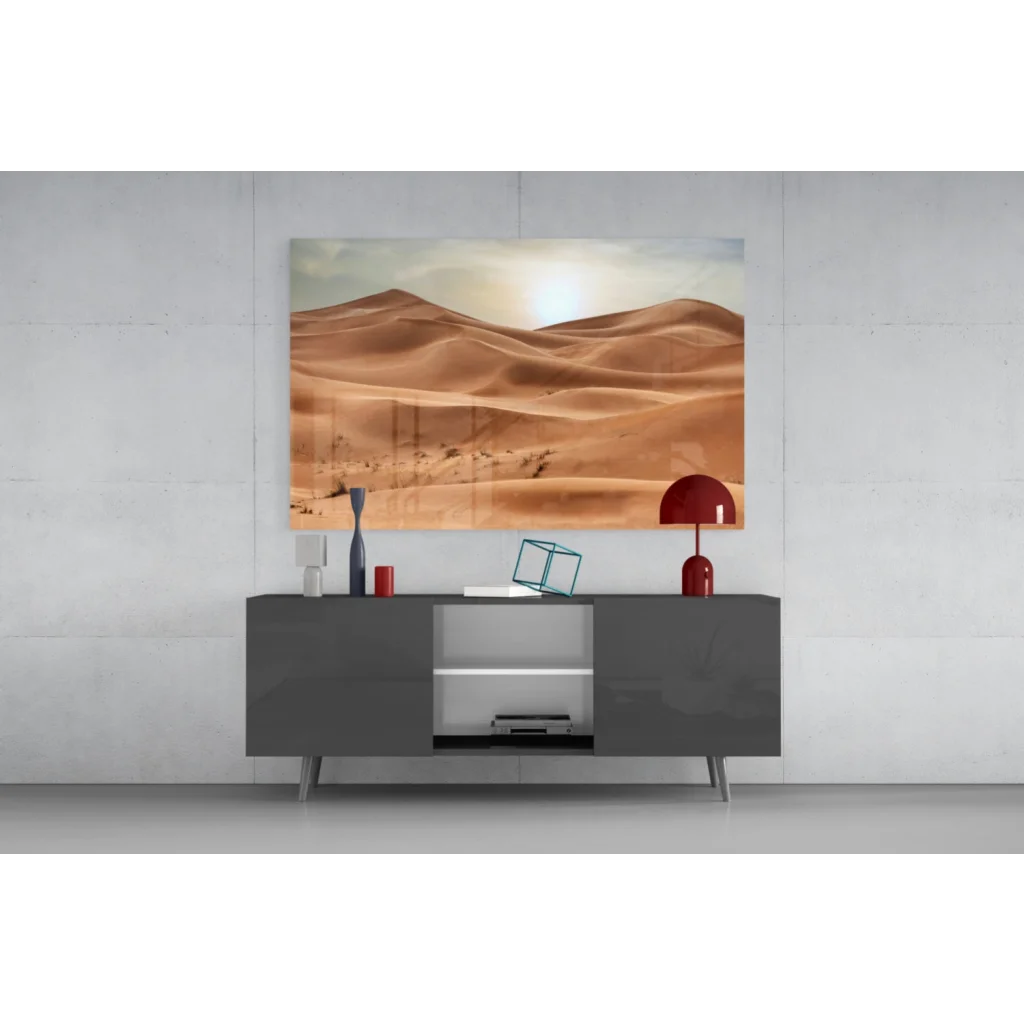 Golden Desert Dunes glass wall art canvas print of serene sand dunes