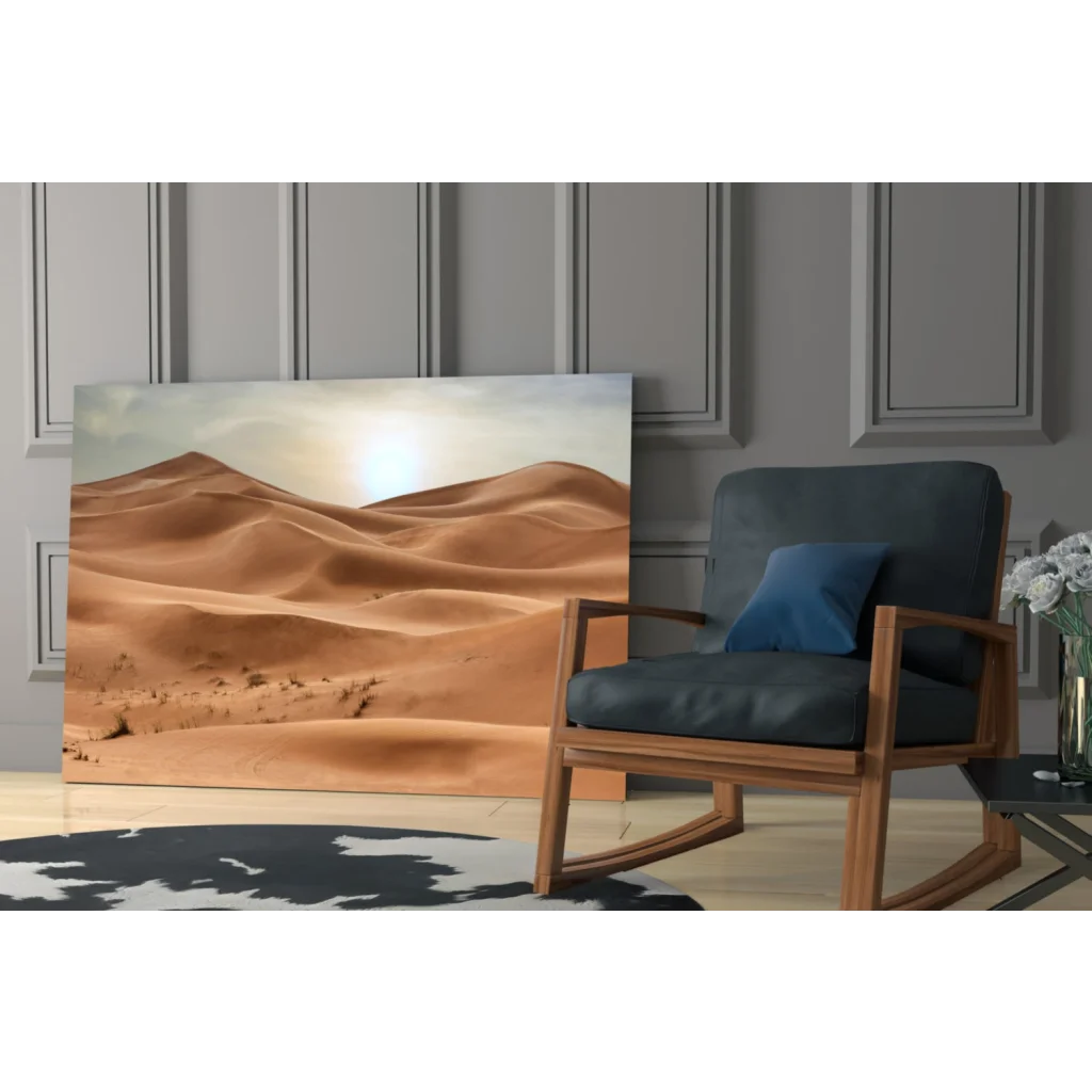 Sleek wooden rocking chair with dark blue upholstered seat and cushion