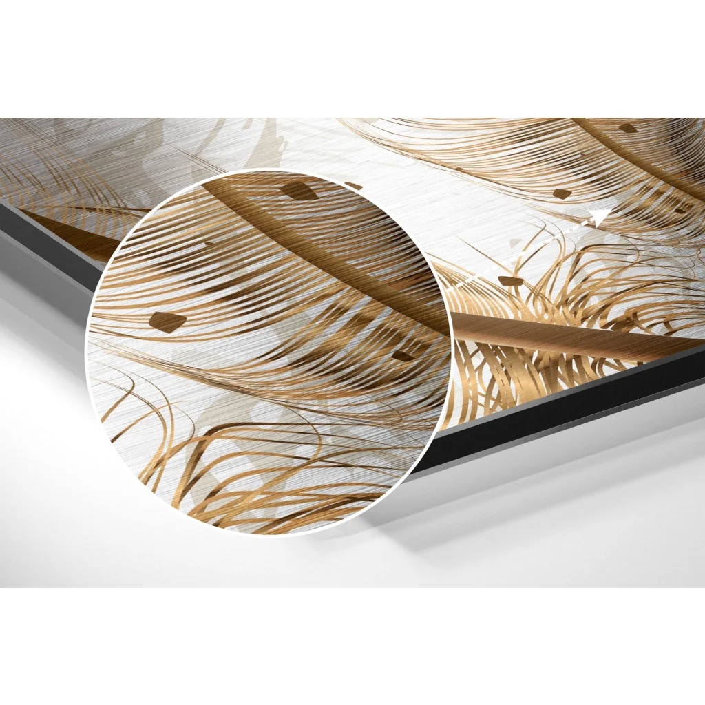 Golden feather artwork on brushed aluminium dibond print
