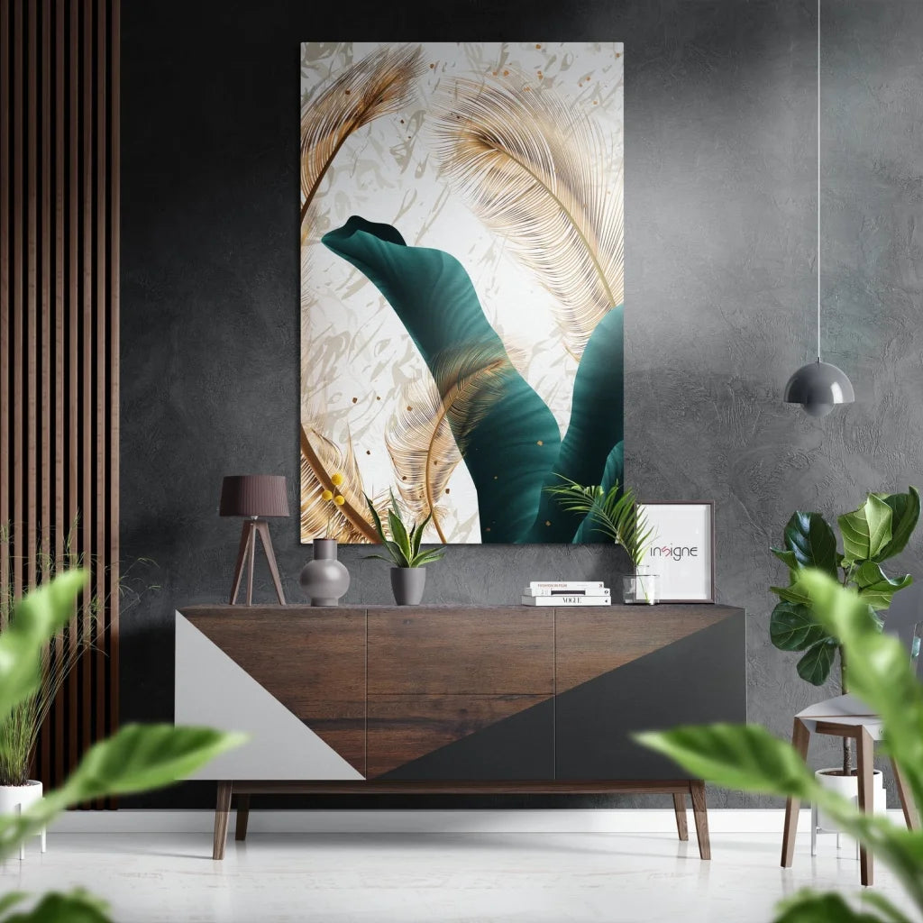Golden Feather brushed aluminium dibond wall art with teal feathers