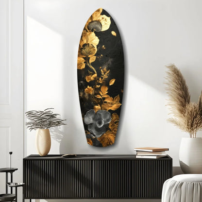 Stunning black surfboard tempered glass art with golden flower design