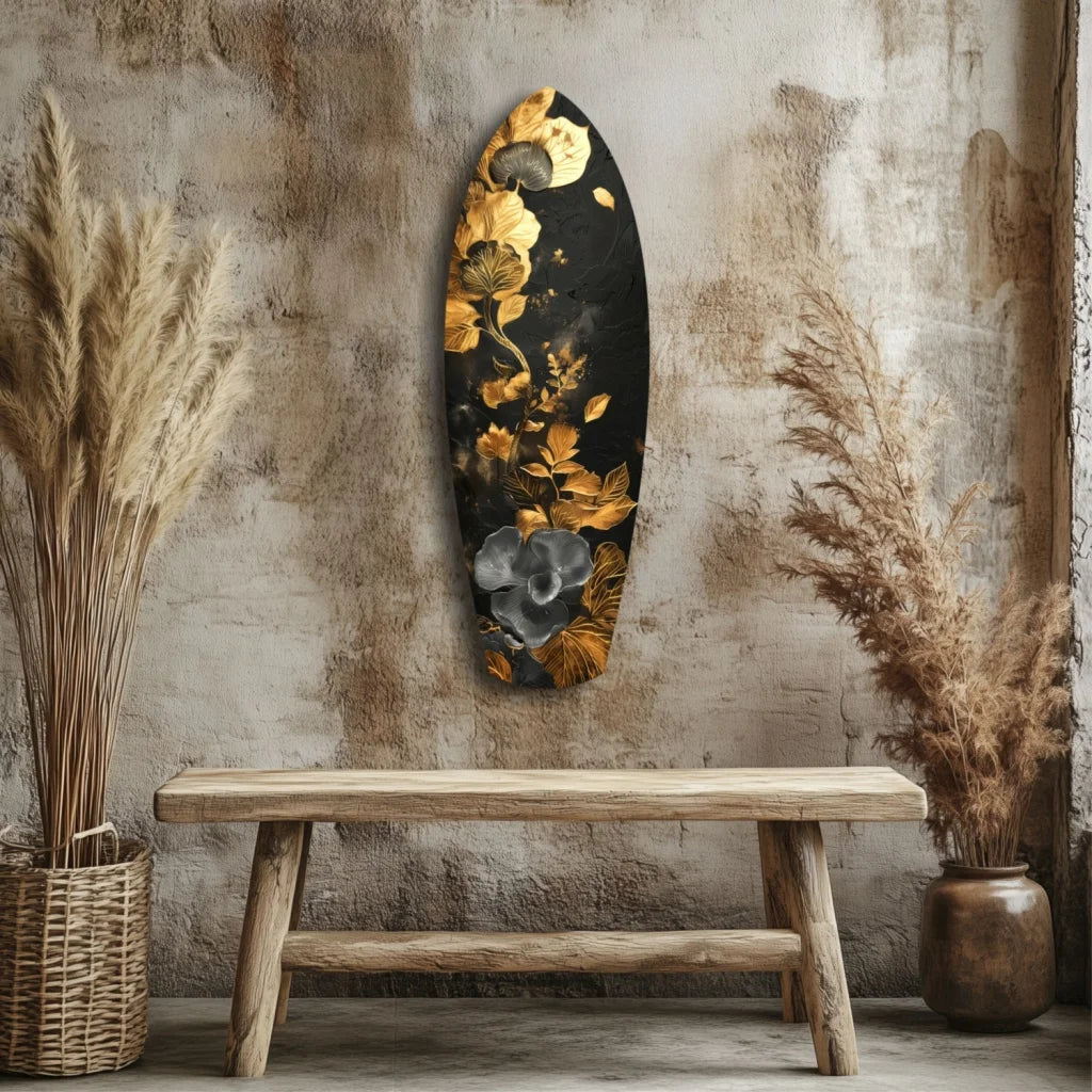 Stunning black surfboard tempered glass art with golden flower design