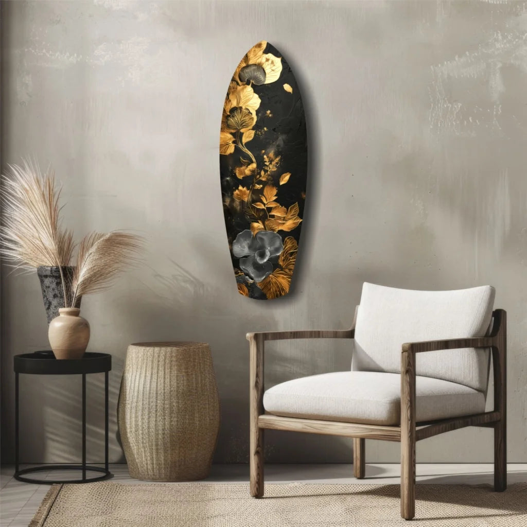 Stunning tempered glass art: black surfboard with golden flower design