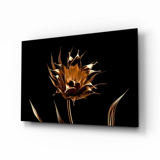 Stunning golden metallic flower glass wall art on black canvas
