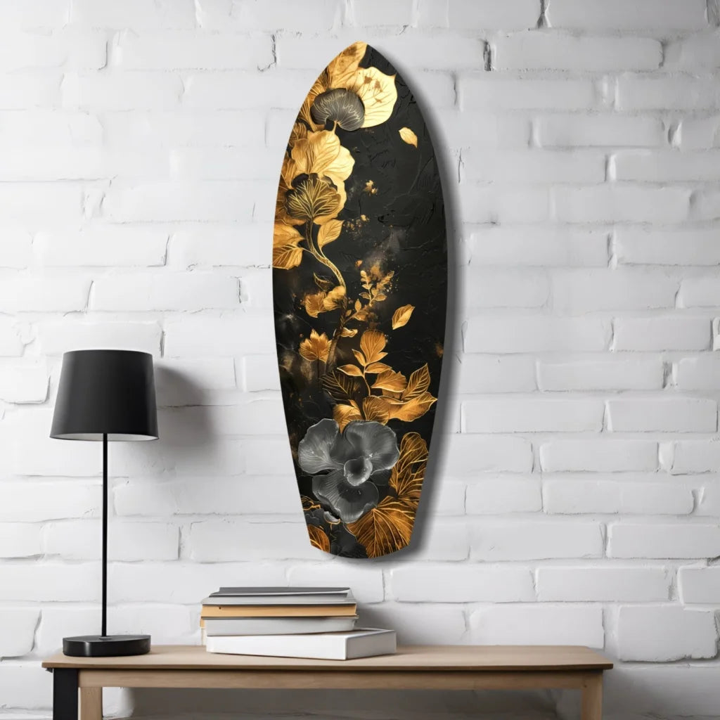 Elegant black surfboard tempered glass art with golden flower design