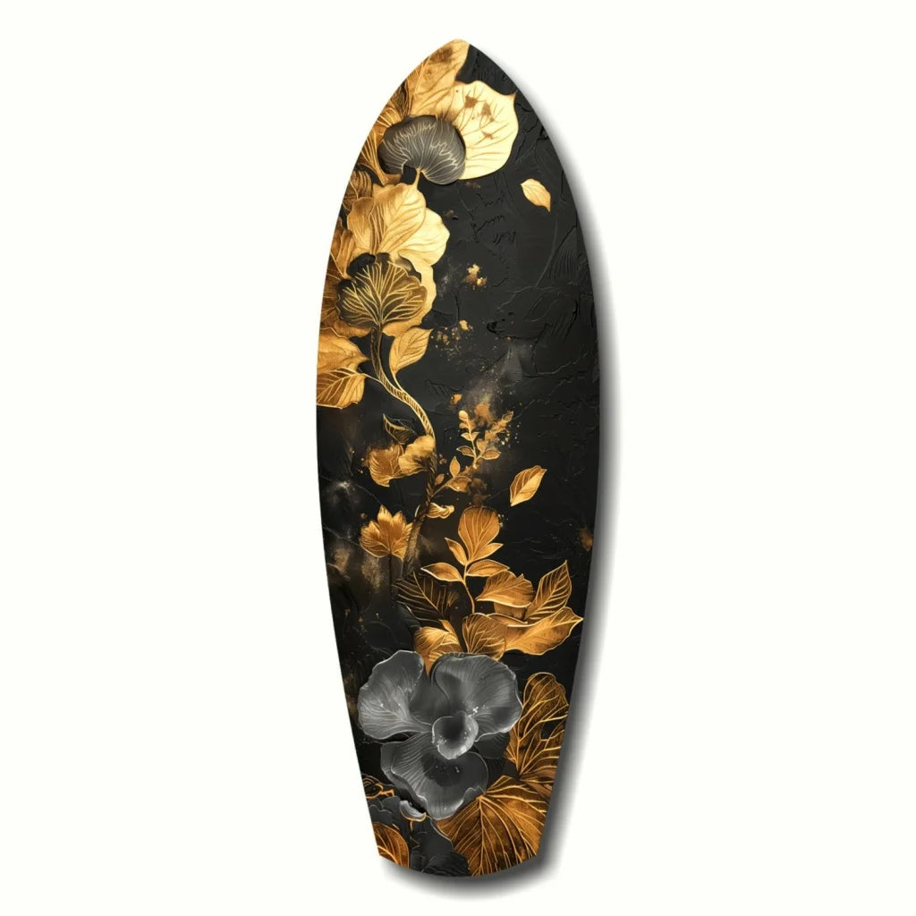 Stunning black surfboard tempered glass art with golden flower design