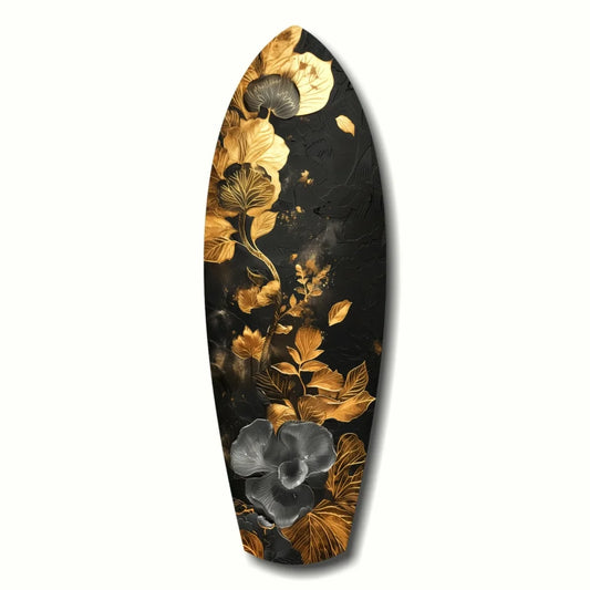 Stunning black surfboard tempered glass art with golden flower design