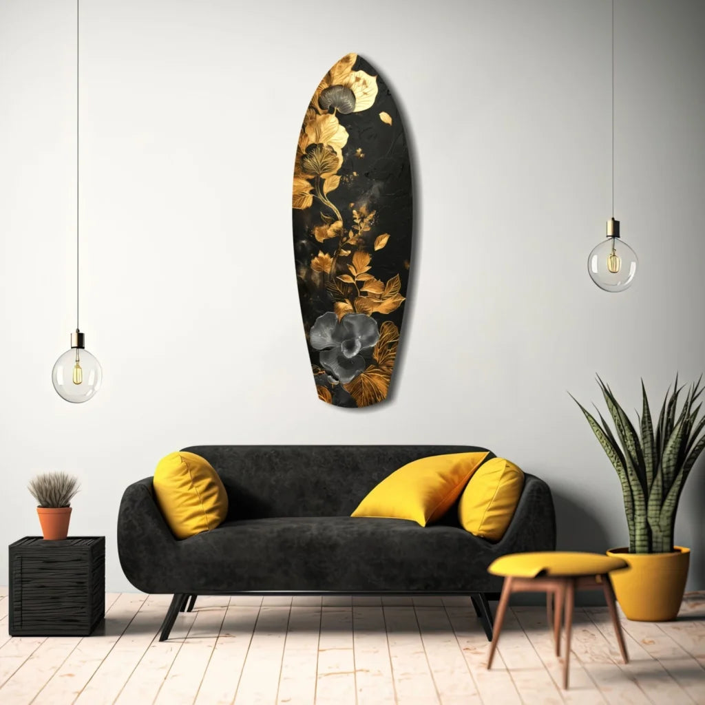 Stunning black surfboard tempered glass art with gold floral patterns