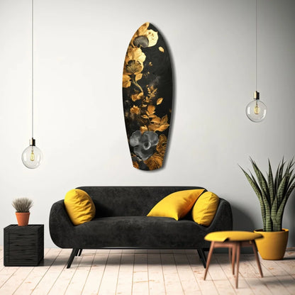 Stunning black surfboard tempered glass art with gold floral patterns