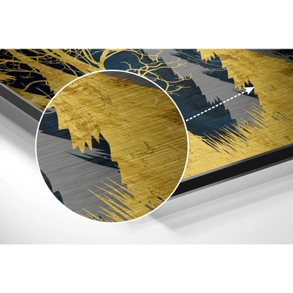 Modern abstract art on brushed aluminium dibond with gold navy strokes