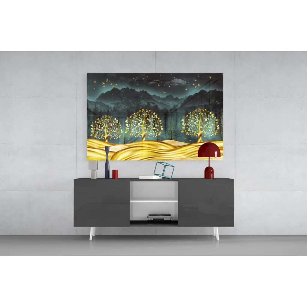 Golden Trees Teal Mountains canvas wall art with glowing trees and birds