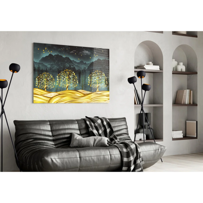 Golden Trees Teal Mountains Canvas Wall Art With Birds | Contemporary Home Wall Art | vintageantiquesgifts.com