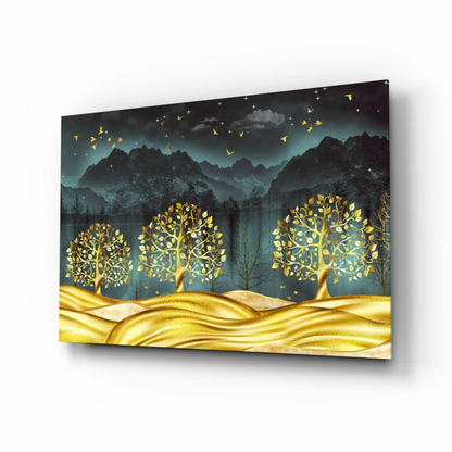 Golden Trees Teal Mountains Canvas Wall Art With Birds | Insigneart USA | vintageantiquesgifts.com