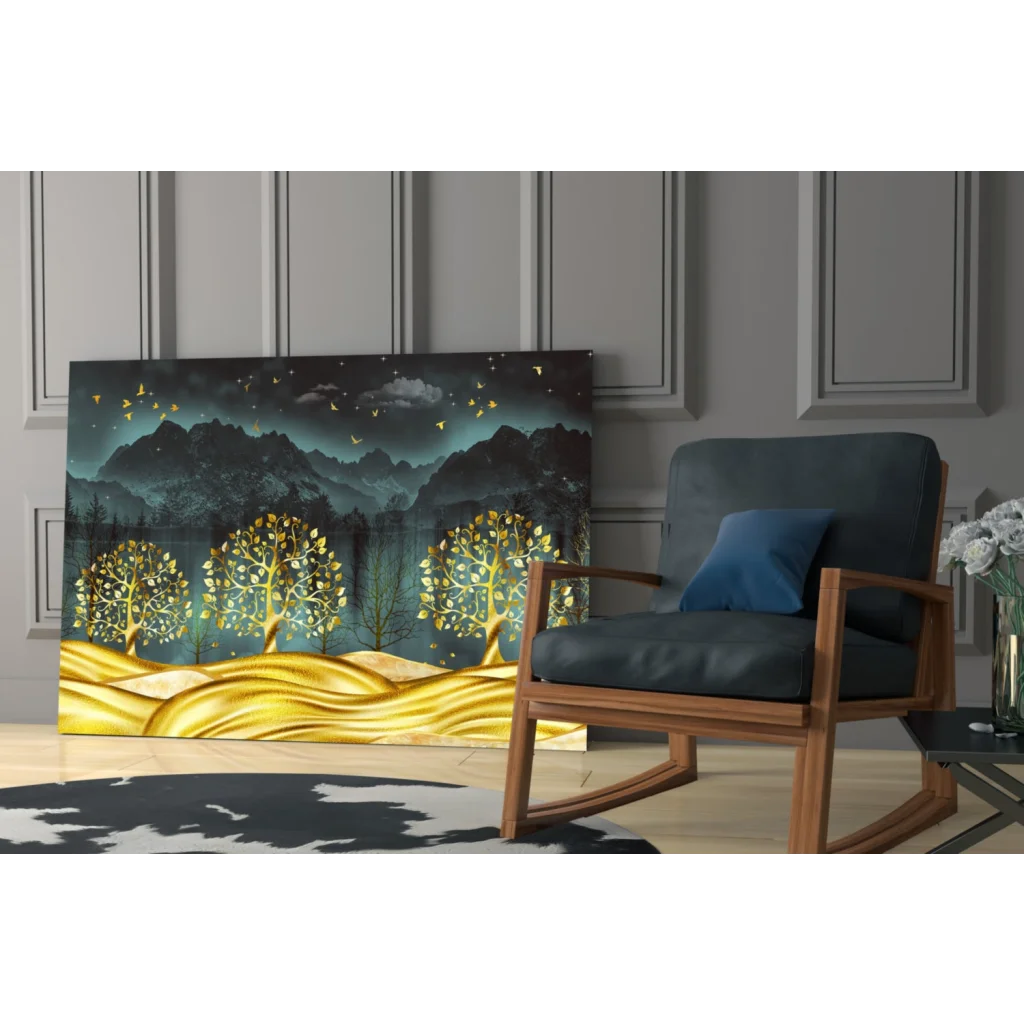 Golden Trees Teal Mountains canvas wall art with glowing trees and birds