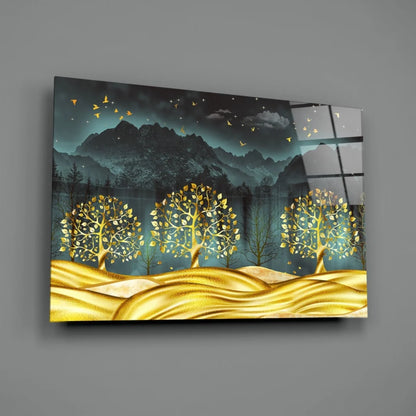 Golden Trees Teal Mountains Canvas Wall Art With Birds | Glass Wall Art Print | vintageantiquesgifts.com