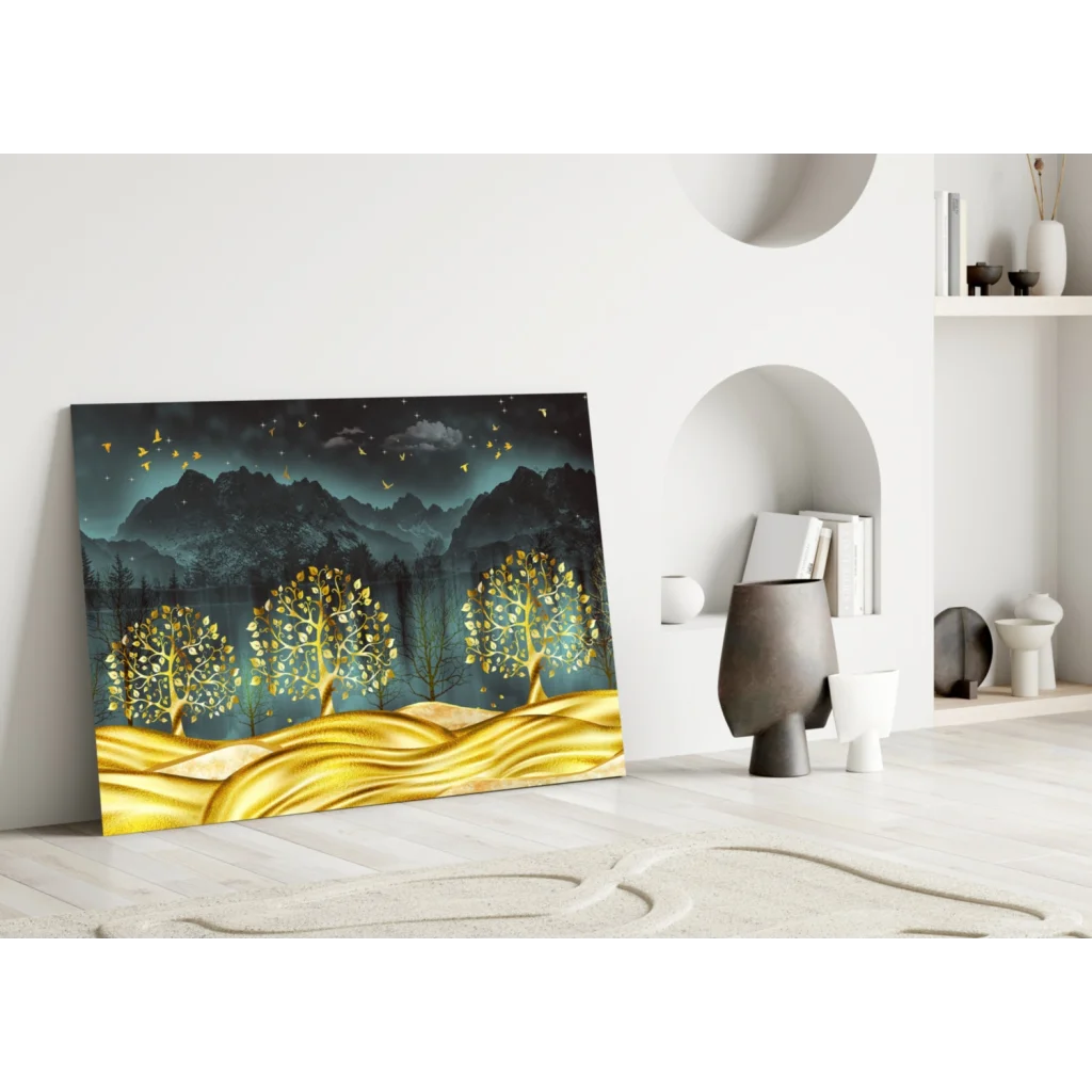 Golden Trees Teal Mountains Canvas Wall Art With Birds | Modern Wall Art Decor | vintageantiquesgifts.com