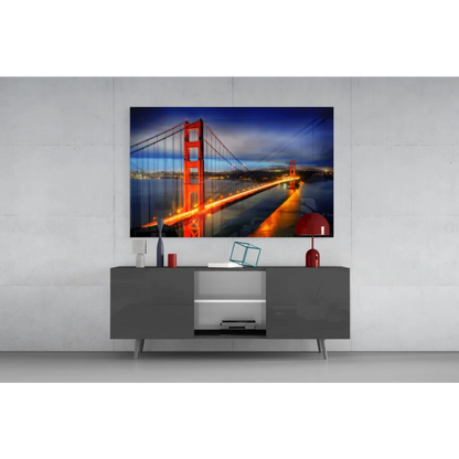 Glowing Golden Gate Bridge glass wall art on minimalist console