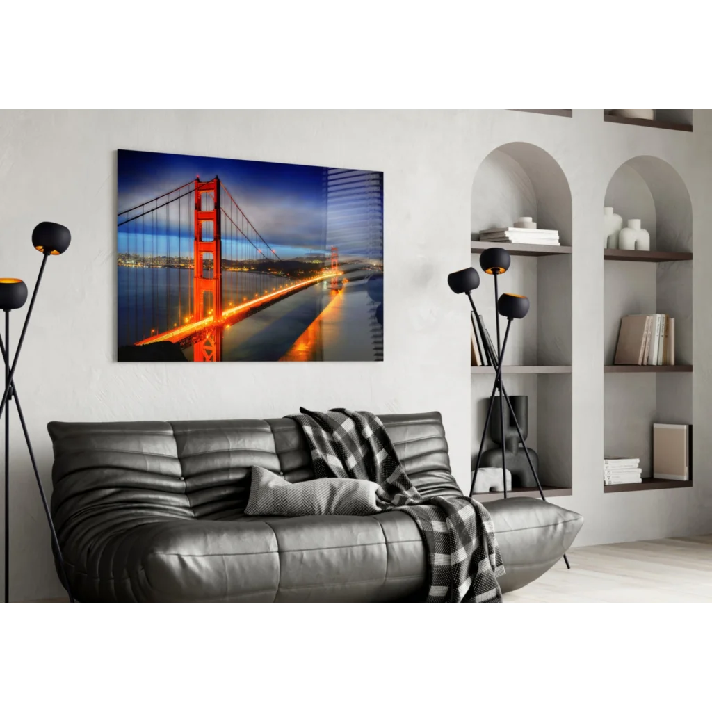 Vibrant Golden Gate Bridge night glow wall art print on white wall