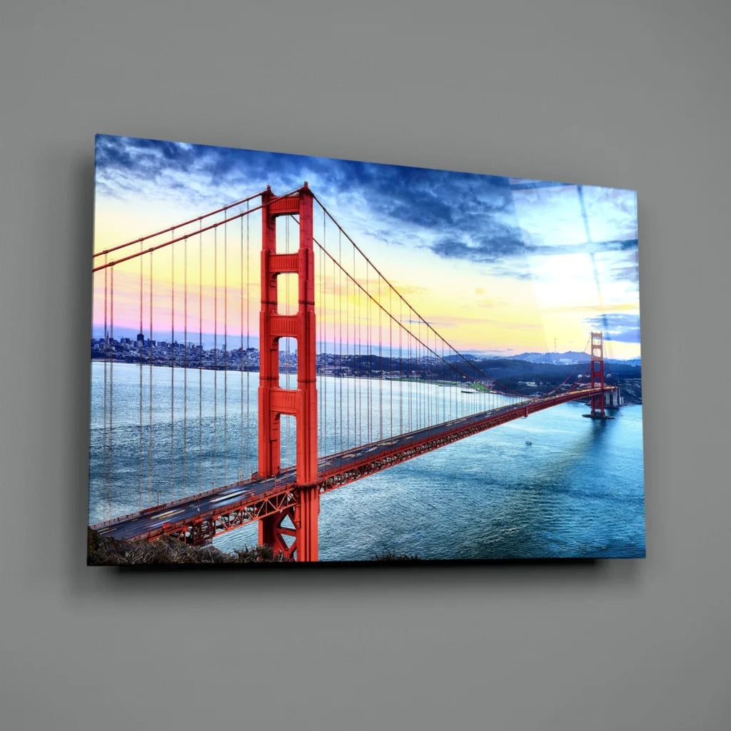 Vibrant Golden Gate Bridge glass wall art on gray wall