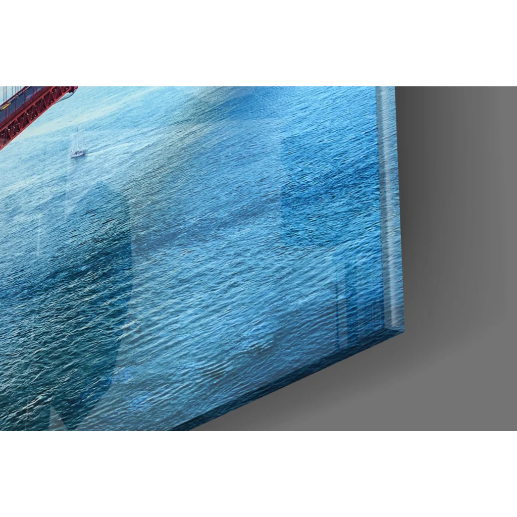 Vibrant Golden Gate Bridge glass wall art at sunset ocean scene
