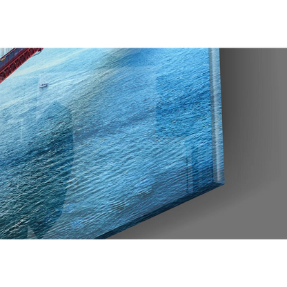 Vibrant Golden Gate Bridge glass wall art at sunset ocean scene