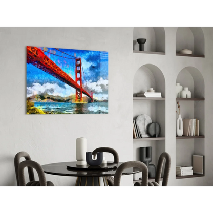 Vibrant red Golden Gate Bridge wall art canvas print with bold brushstrokes