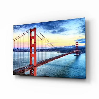 Vibrant Golden Gate Bridge sunset on glass wall art