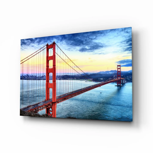 Vibrant Golden Gate Bridge sunset on glass wall art