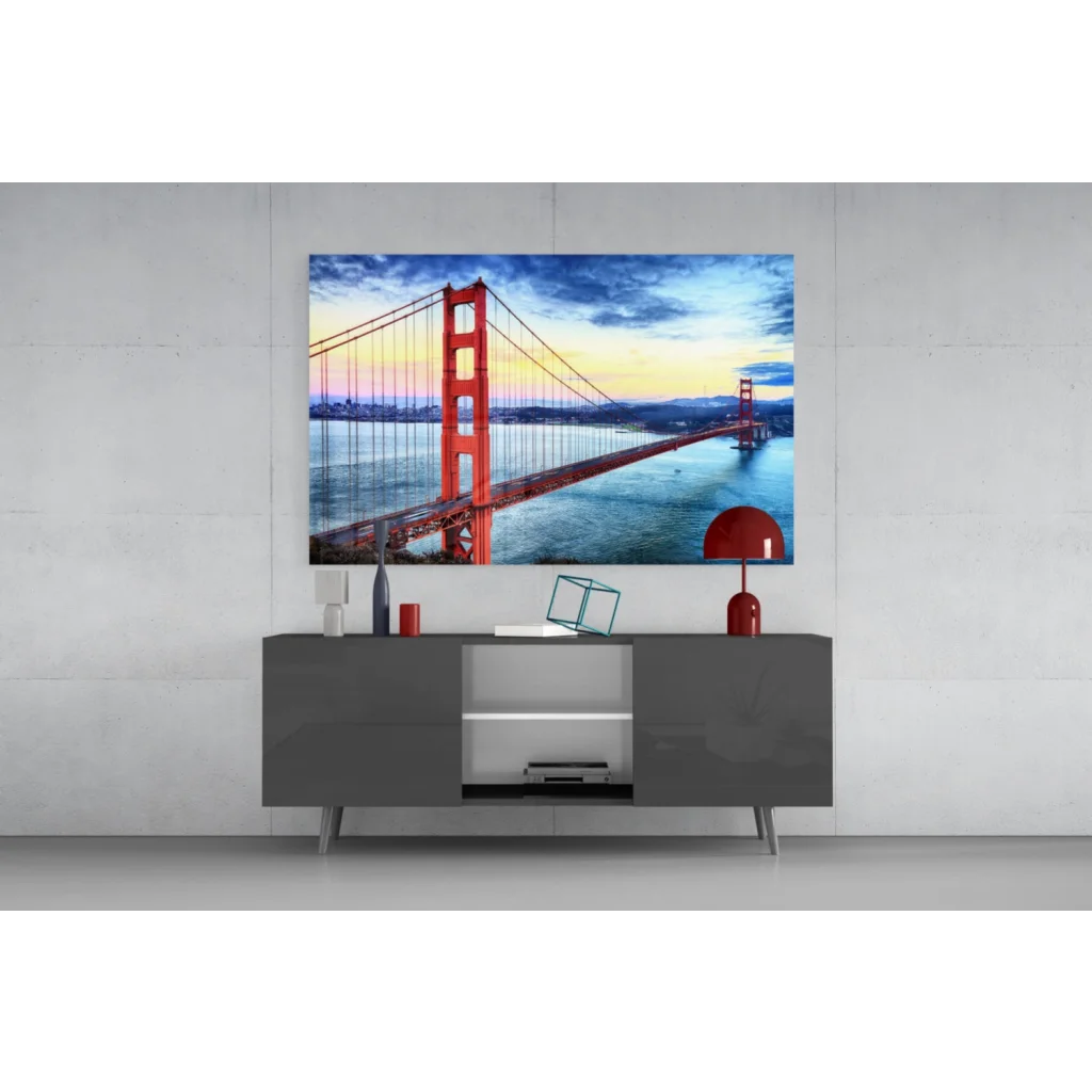 Vibrant sunset Golden Gate Bridge glass wall art on gray console