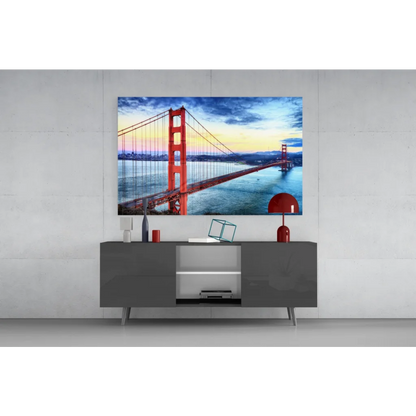 Vibrant sunset Golden Gate Bridge glass wall art on gray console
