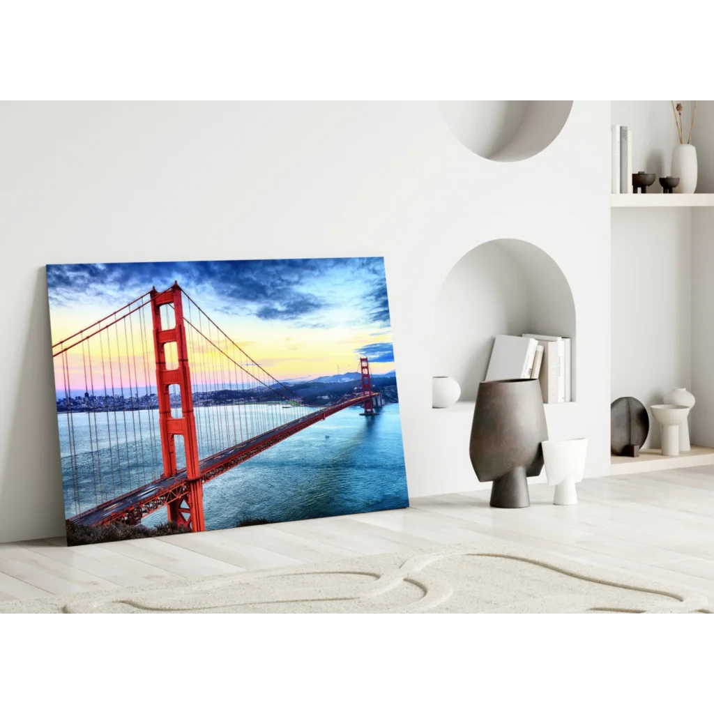 Vibrant Golden Gate Bridge glass wall art at sunset