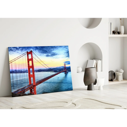 Vibrant Golden Gate Bridge glass wall art at sunset