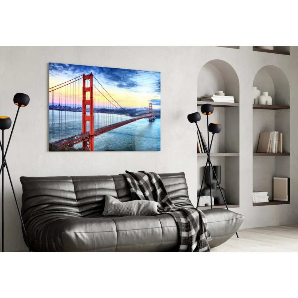 Vibrant Golden Gate Bridge sunset glass wall art on white wall