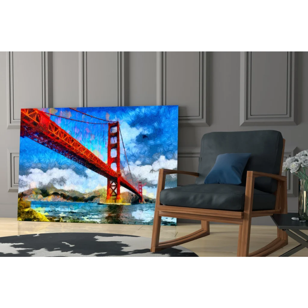 Vibrant Golden Gate Bridge canvas wall art with bold brushstroke texture