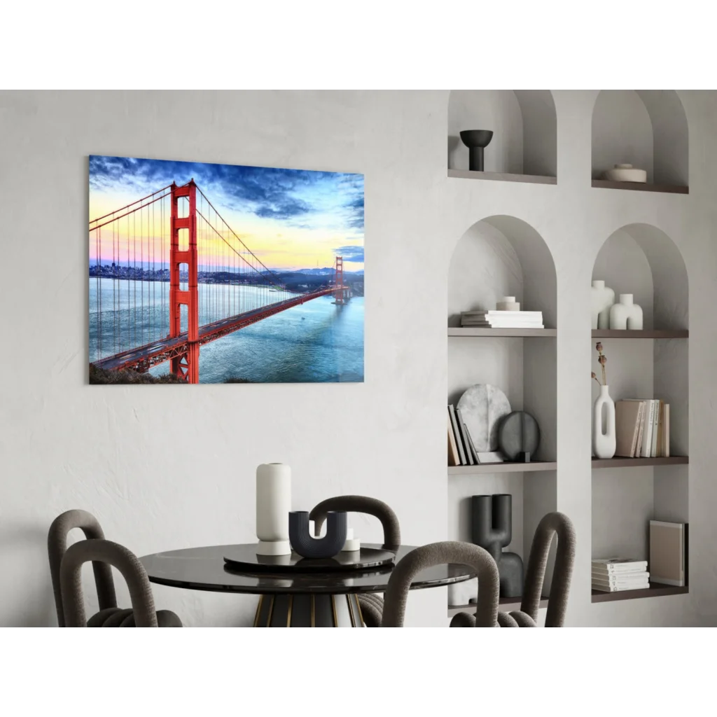 Vibrant red Golden Gate Bridge sunset glass wall art on white wall