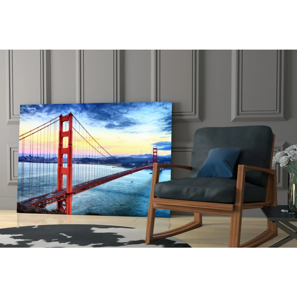 Vibrant Golden Gate Bridge glass wall art at sunset over water