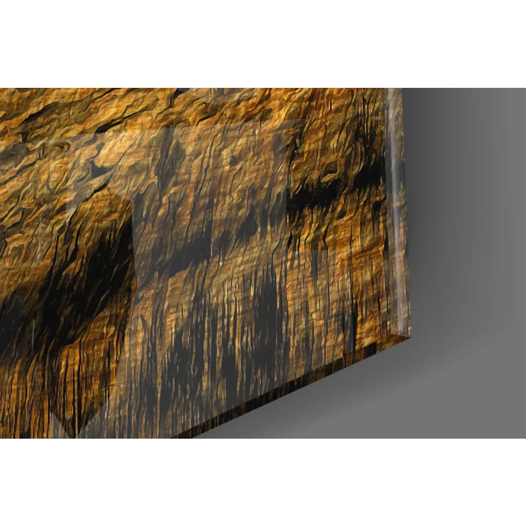 Sleek Golden Giraffe glass wall art with metallic savanna texture