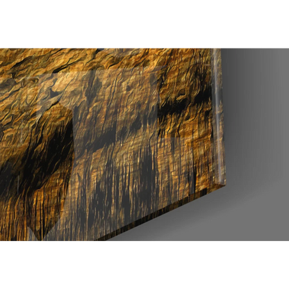 Sleek Golden Giraffe glass wall art with metallic savanna texture