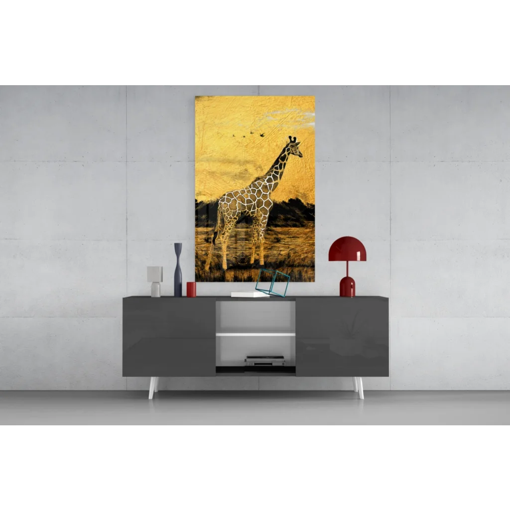 Golden Giraffe Glass Wall Art with sunlit savanna texture