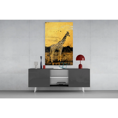 Golden Giraffe Glass Wall Art with sunlit savanna texture