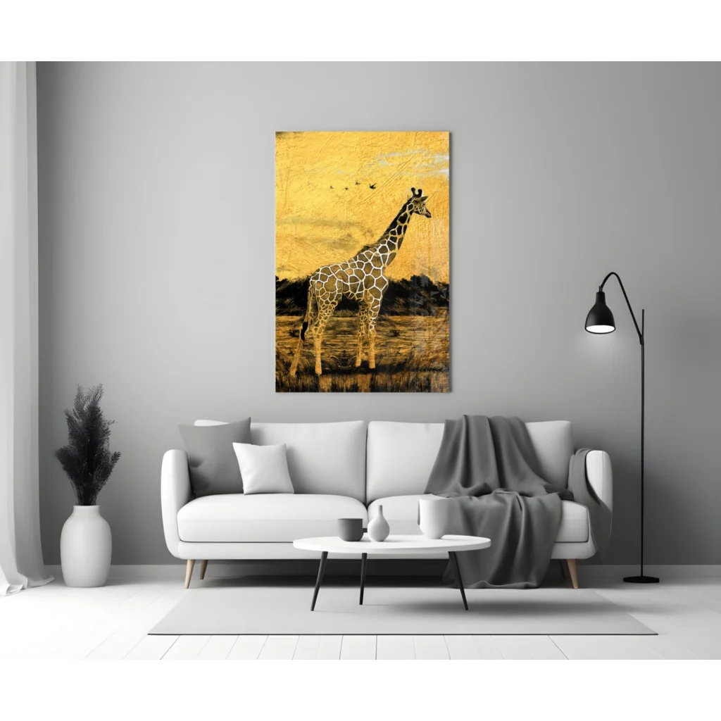 Golden giraffe glass wall art with metallic savanna texture
